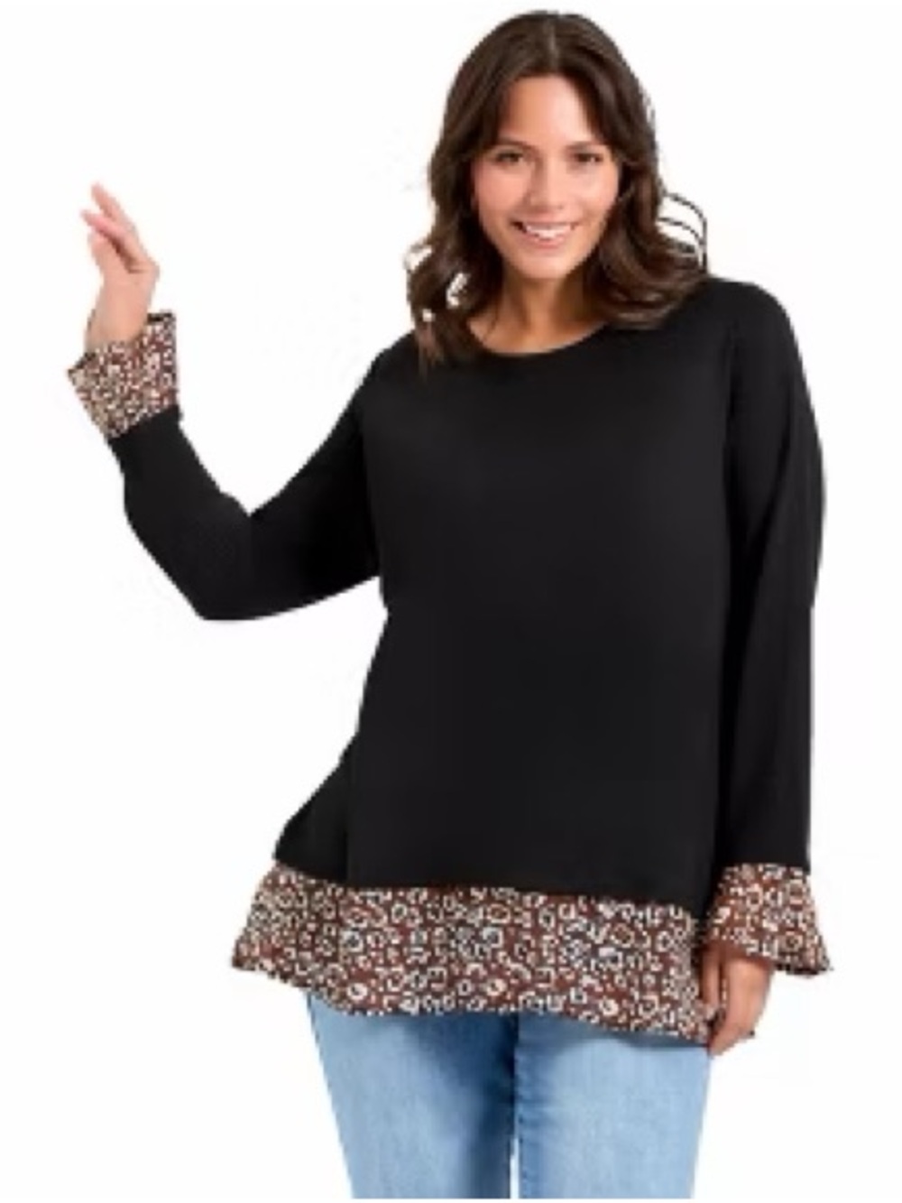 Studio Black Pullover with Brown Leopard-Print Trim